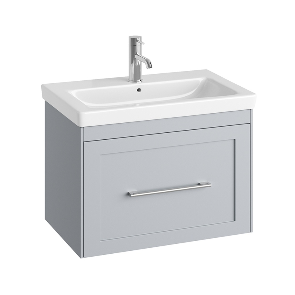 Product Cut out image of the Abacus Concept Shaker Stone Grey 550mm Basin & Wall Hung Vanity Unit with a Chrome Furniture Handle